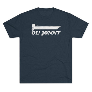 Dark navy tri-blend tee with a white distressed "Ol' Jonny" boat graphic.