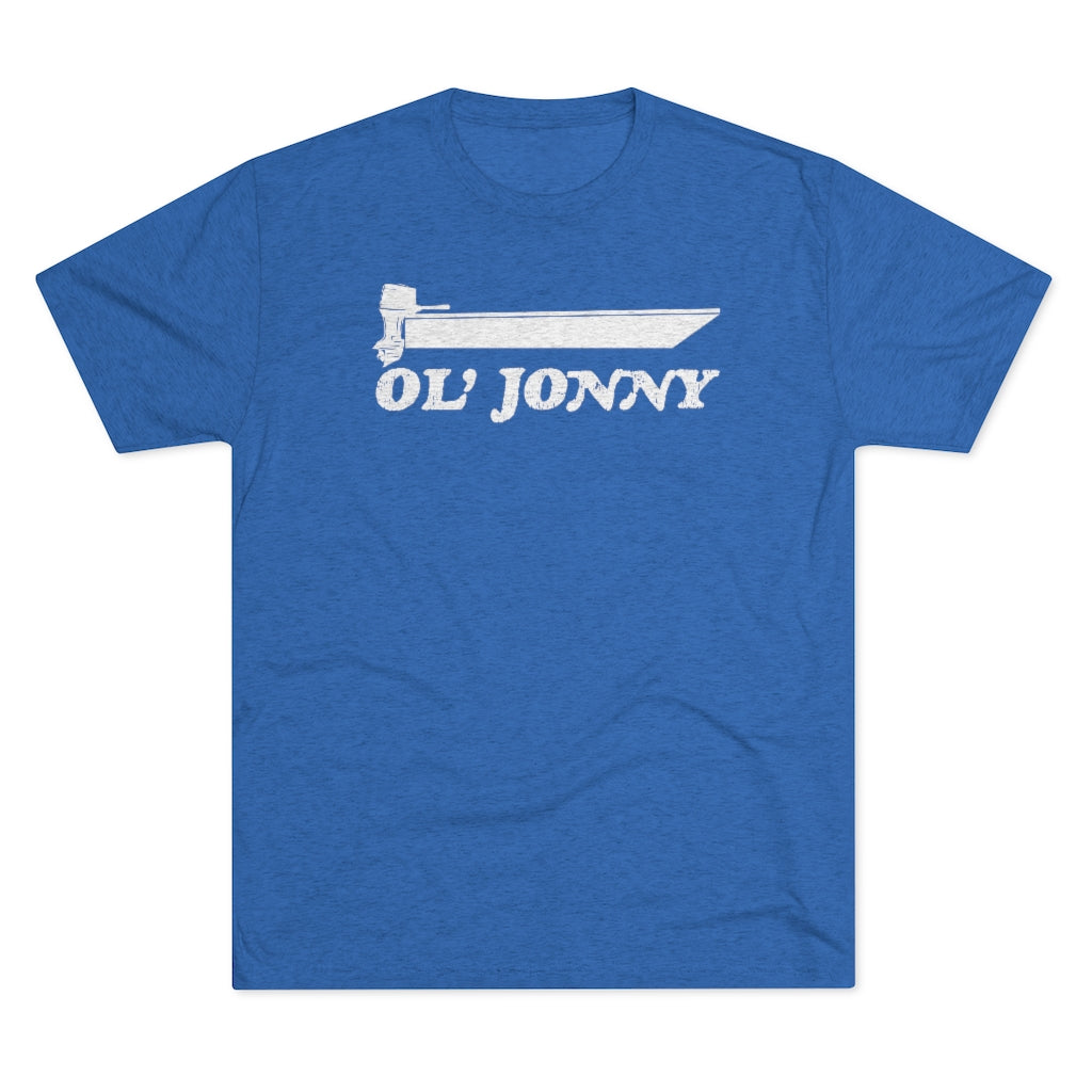 Blue tri-blend "Ol' Jonny" regular fit tee with white boat graphic.