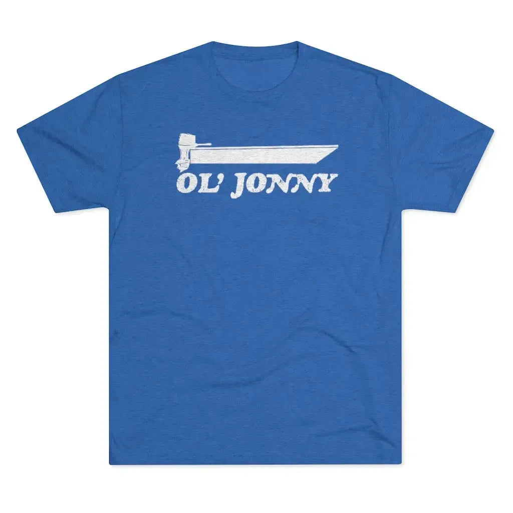 Blue tri-blend "Ol' Jonny" regular fit tee with white boat graphic.