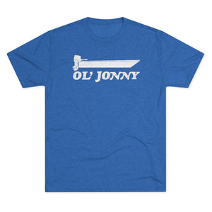 Blue tri-blend "Ol' Jonny" regular fit tee with white boat graphic.
