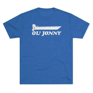 Blue tri-blend "Ol' Jonny" regular fit tee with white boat graphic.