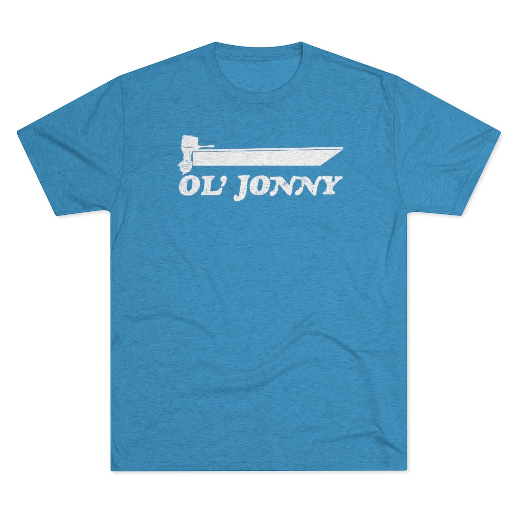 Blue tri-blend regular fit tee with white "Ol' Jonny" boat graphic.