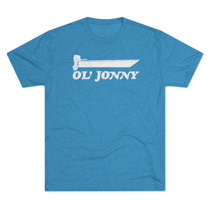 Blue tri-blend regular fit tee with white "Ol' Jonny" boat graphic.