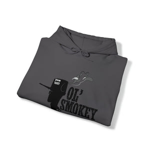 Dark gray Ol' Smokey Hoodie with "Jon Yacht" logo and smoking two-stroke engine graphic.