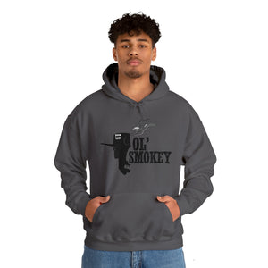 Charcoal grey Ol' Smokey Hoodie with a black two-stroke engine graphic and "OL' SMOKEY" text.