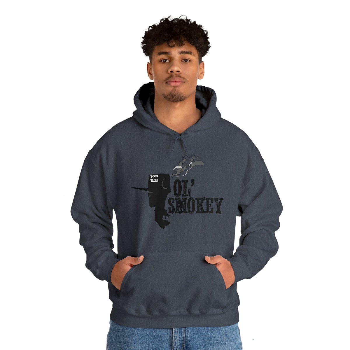 Man wearing a dark grey Ol' Smokey Hoodie with a 2-stroke engine graphic and text.
