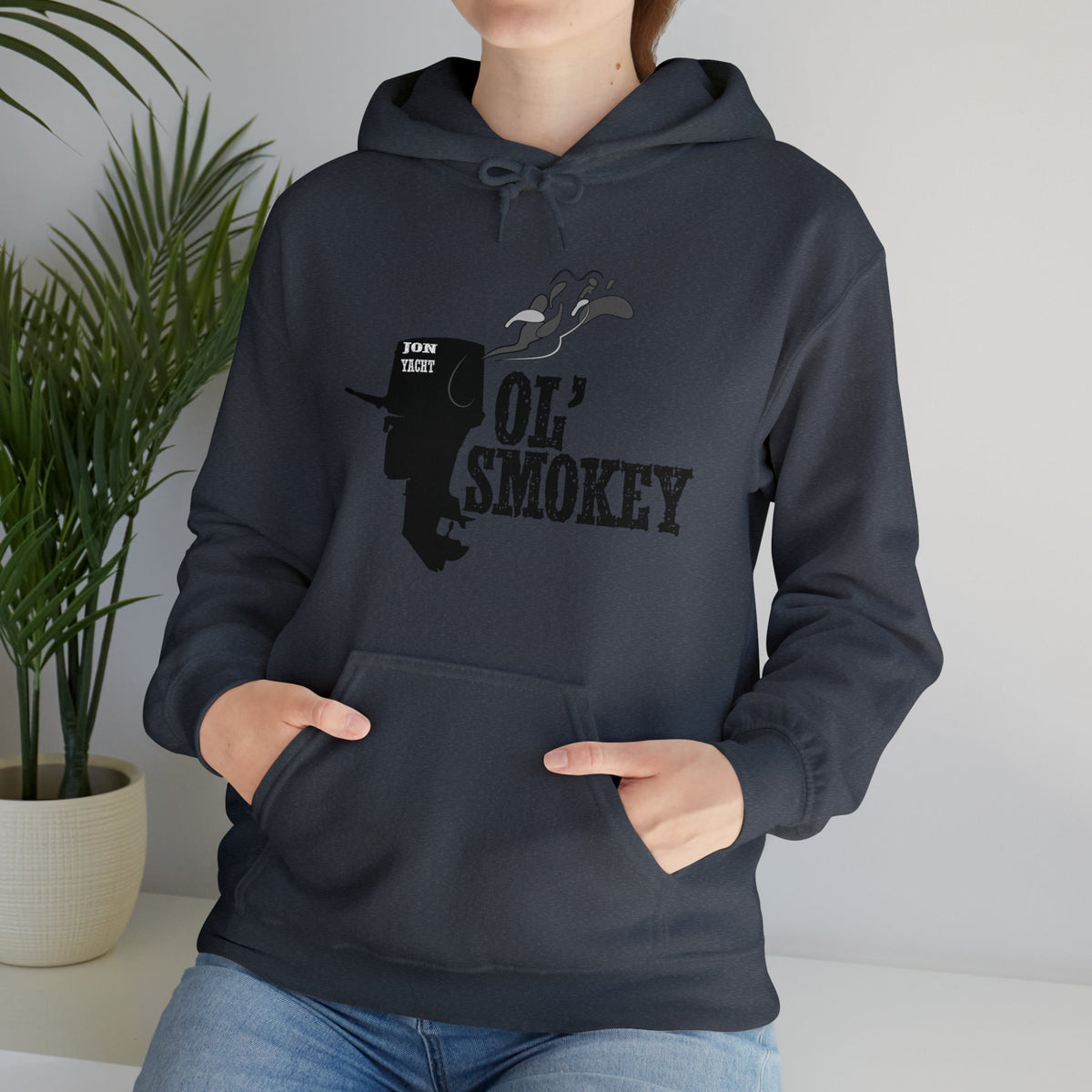 Dark gray Ol' Smokey Hoodie with a black outboard motor graphic and "JON YACHT" text.