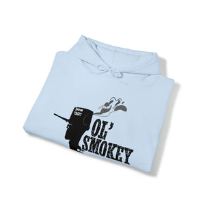 Light blue Ol' Smokey Hoodie with a black "Jon Yacht" 2-stroke engine graphic and smoke design.