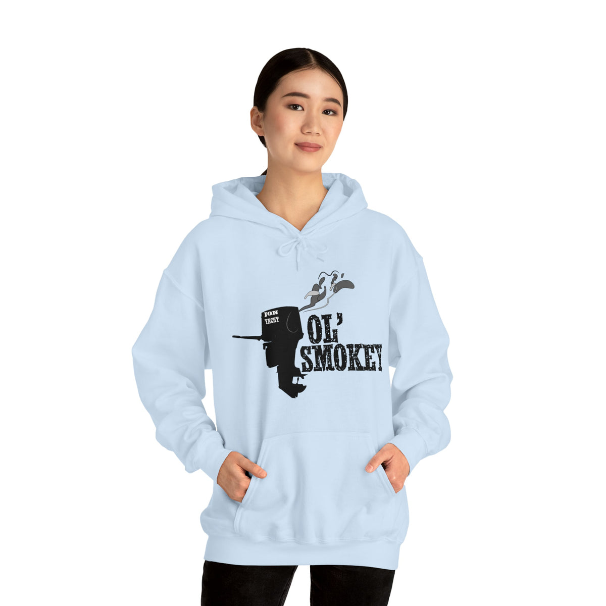 Light blue Ol' Smokey Hoodie with a black two-stroke engine graphic and "OL' SMOKEY" text.