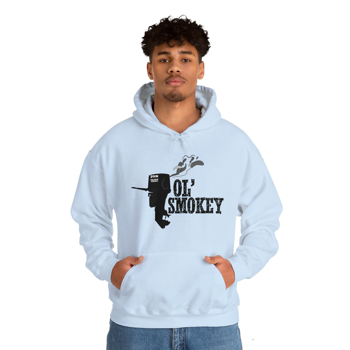Young man wearing a white Ol' Smokey Hoodie with a black 2-stroke engine graphic.