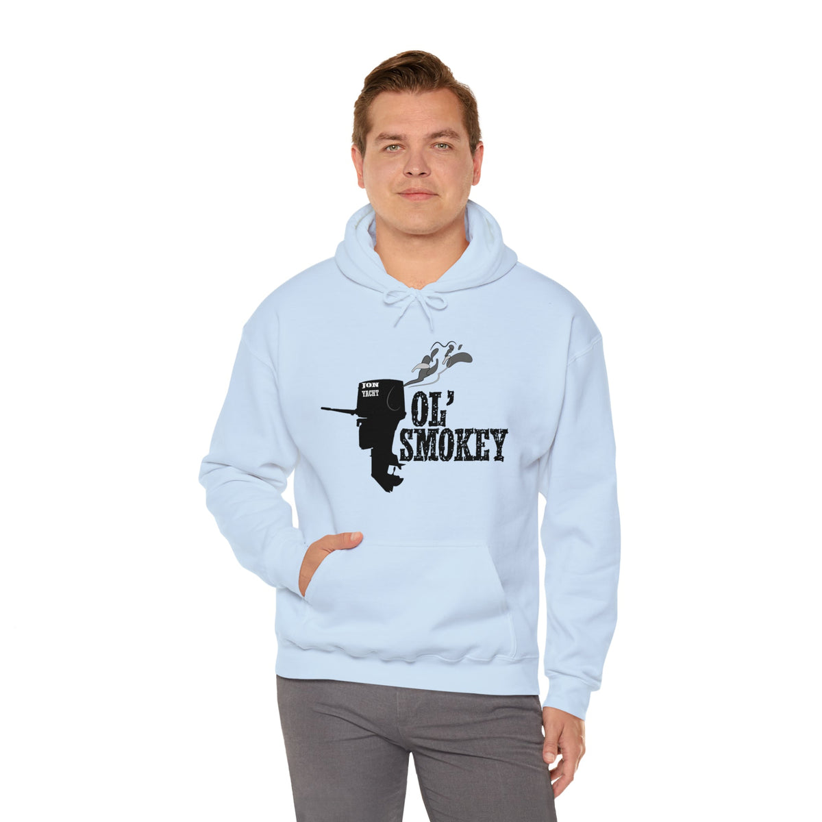 Light blue Ol' Smokey Hoodie with a black two-stroke engine graphic, worn by a man.