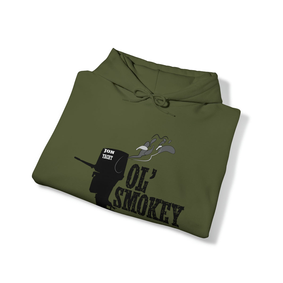 Ol' Smokey Hoodie in olive green with "Jon Yacht" and "Ol' Smokey" graphic.