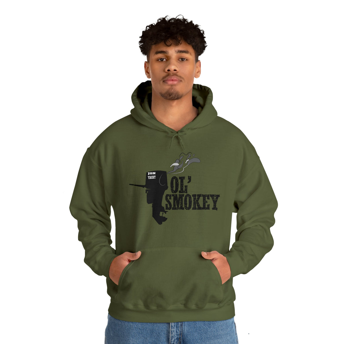 Man wearing an olive green Ol' Smokey Hoodie with a 2-stroke engine graphic.