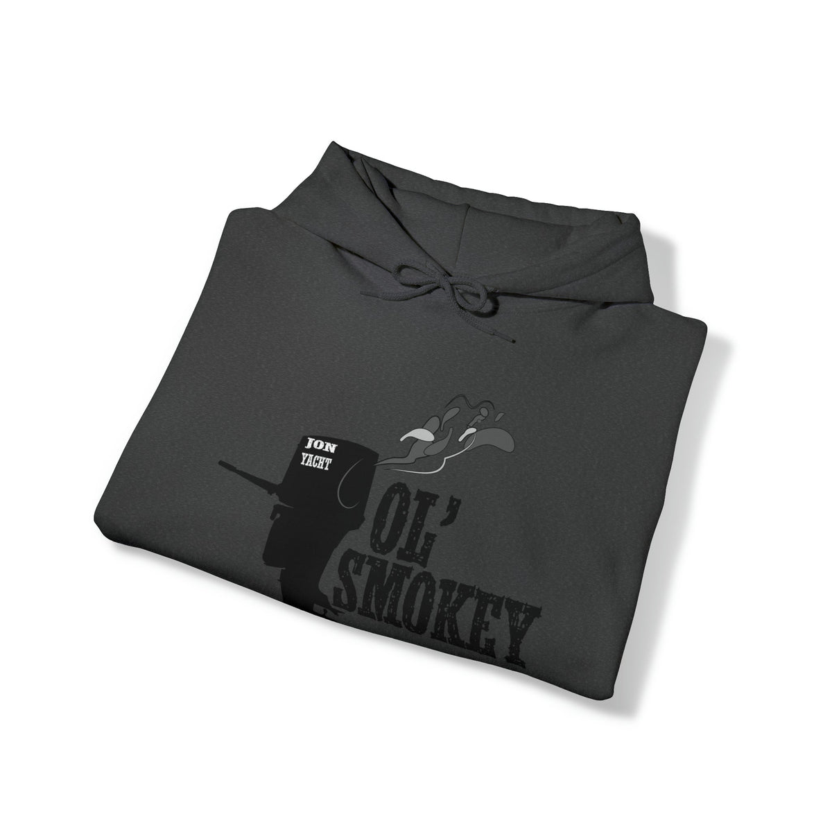 Folded black Ol' Smokey Hoodie with a two-stroke engine graphic and "JON YACHT" text.