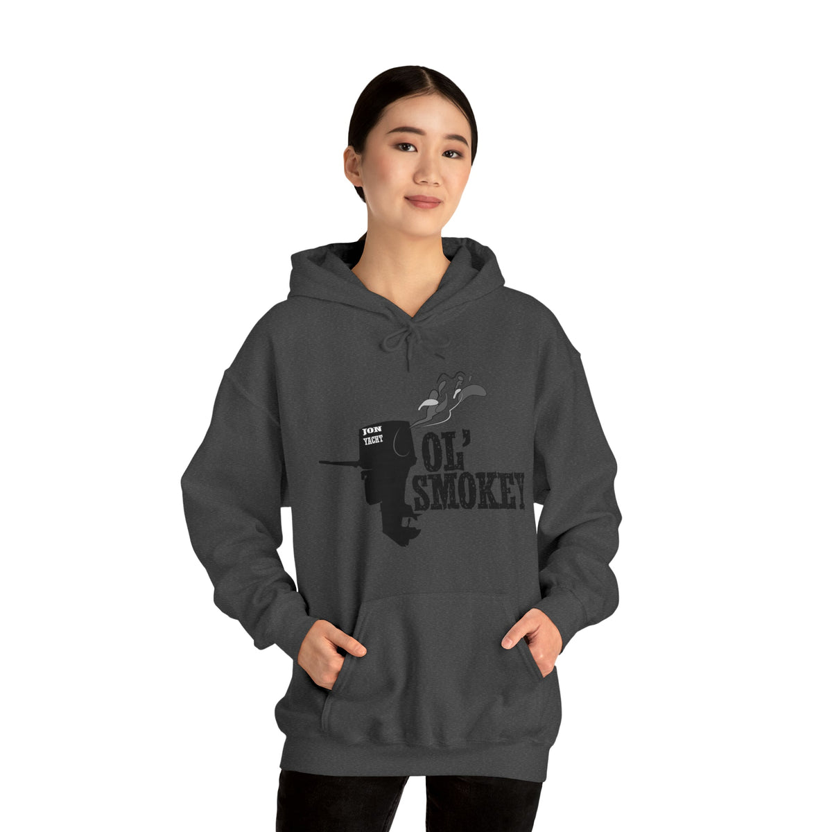 Woman wearing a charcoal gray Ol' Smokey Hoodie with a classic fit and front pouch pocket.