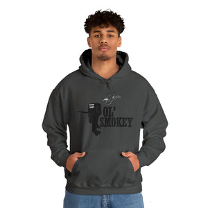 Charcoal grey Ol' Smokey Hoodie with a 2-stroke engine graphic and "Ol' Smokey" text.