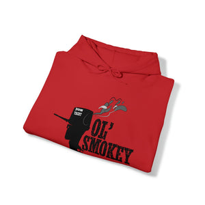 Red Ol' Smokey Hoodie with "JON YACHT" graphic and smoking two-stroke engine design.
