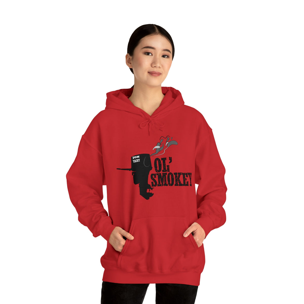 Red Ol' Smokey Hoodie with a black outboard motor graphic and "Ol' Smokey" text.