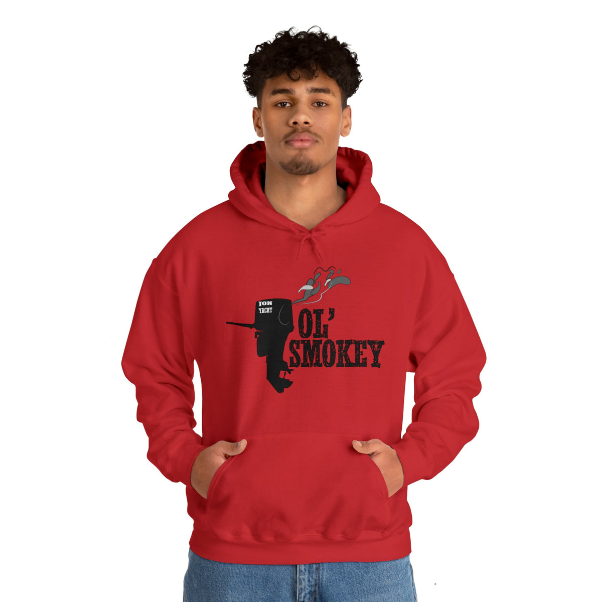 Red Ol' Smokey Hoodie with a black two-stroke engine graphic and "Ol' Smokey" text.