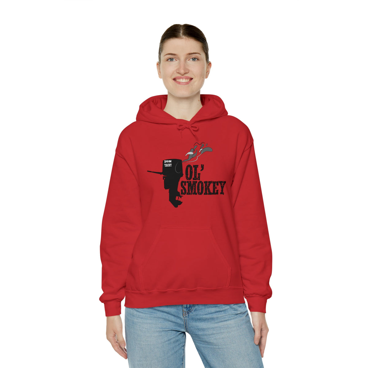 Red Ol' Smokey Hoodie with a classic fit, featuring a 2-stroke engine graphic and "OL' SMOKEY" text.