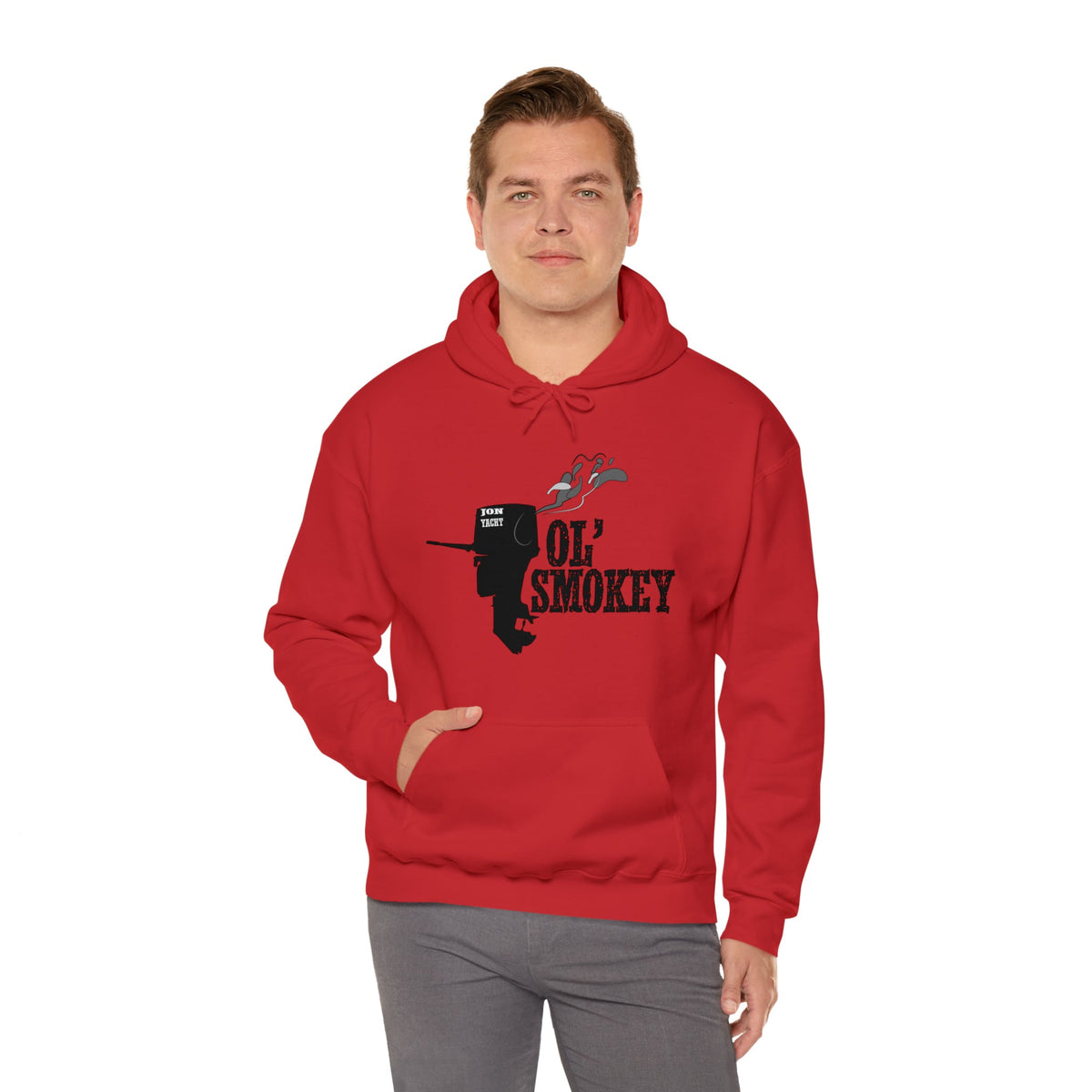 Red Ol' Smokey Hoodie with black "Ol' Smokey" graphic and a smoking two-stroke engine design.