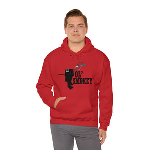 Red Ol' Smokey Hoodie with black "Ol' Smokey" graphic and a smoking two-stroke engine design.