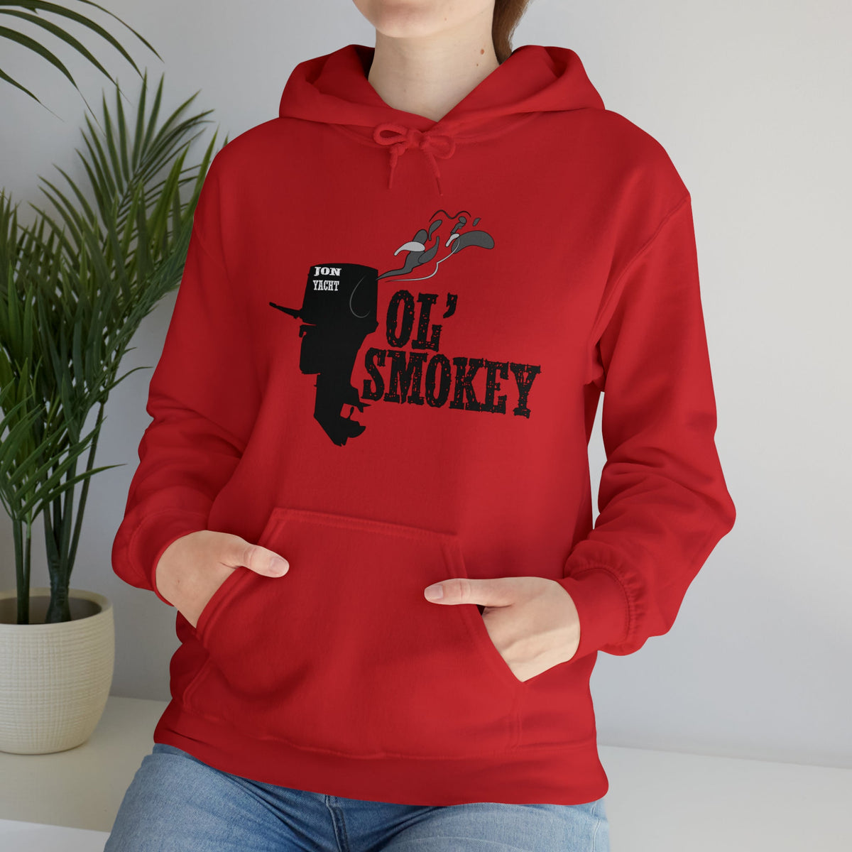 Red Ol' Smokey Hoodie with "Jon Yacht" outboard motor graphic and smoke design.