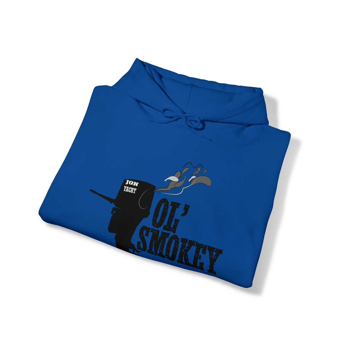 Royal blue "Ol' Smokey Hoodie" with a black graphic of a person on a jet ski emitting smoke.