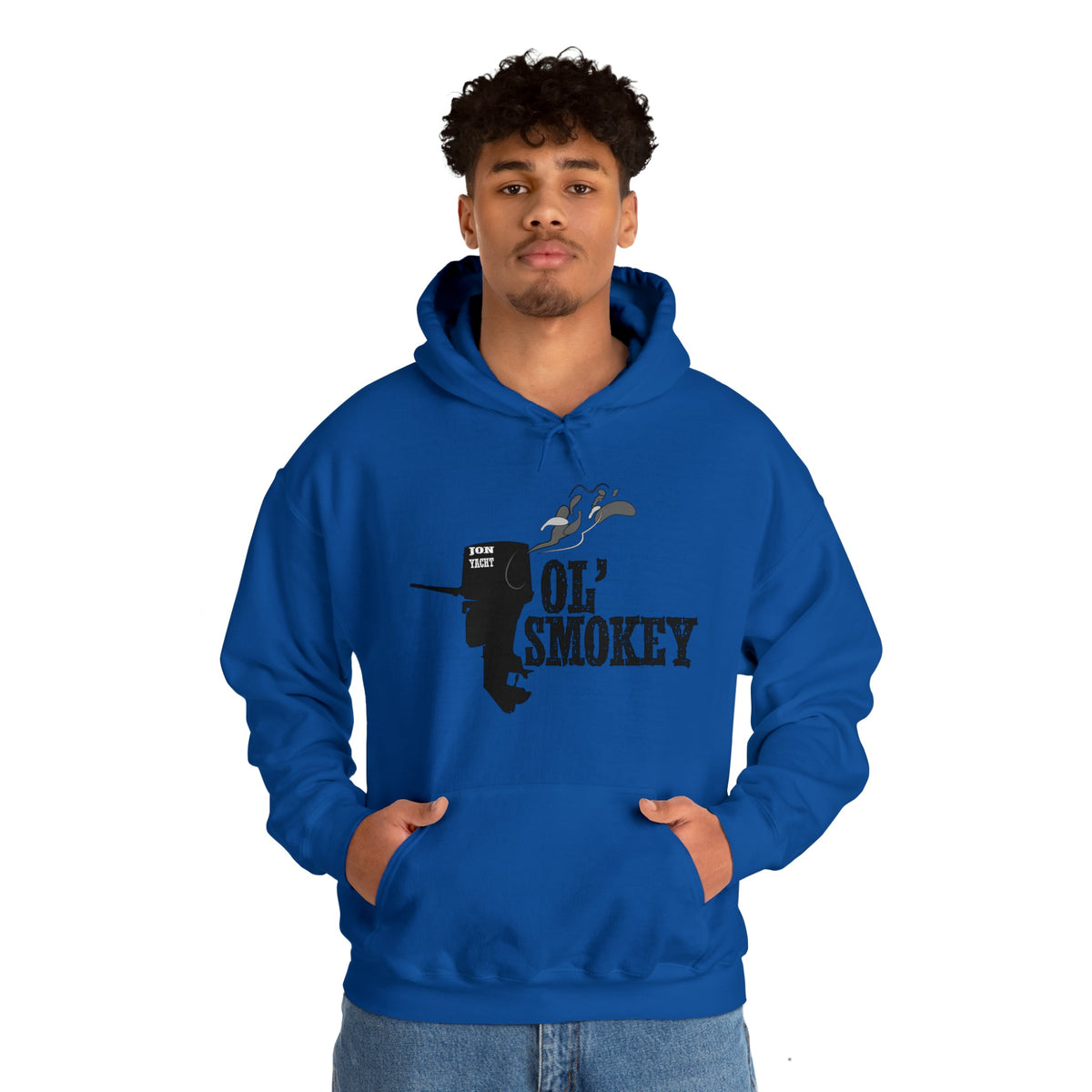 Blue Ol' Smokey Hoodie with a black two-stroke engine graphic and "Ol' Smokey" text.