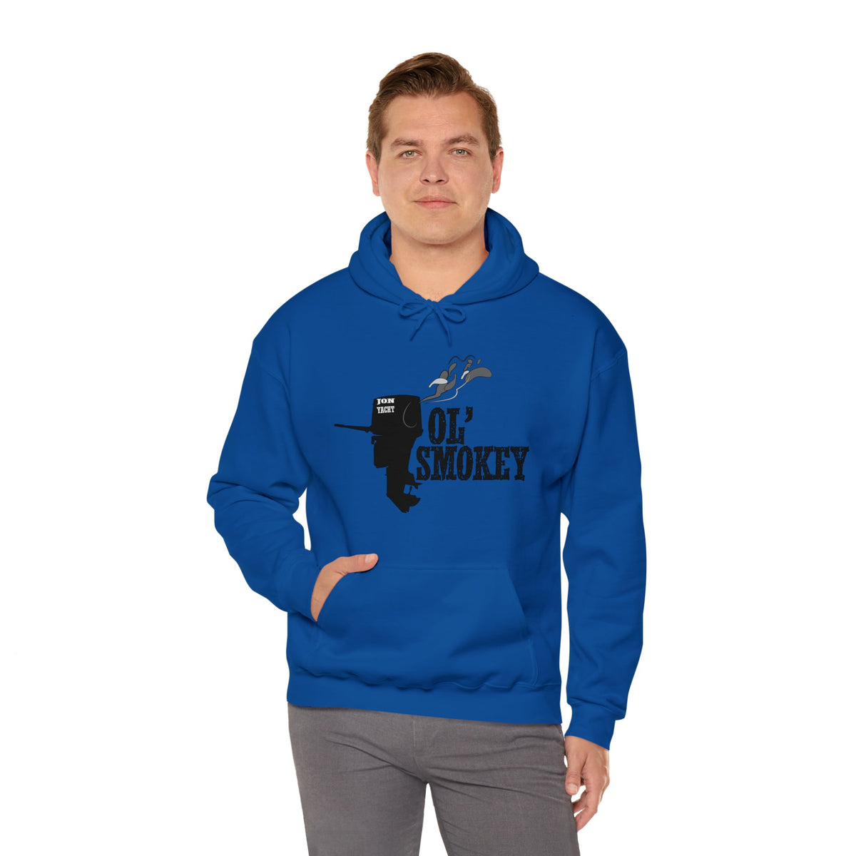 Blue Ol' Smokey Hoodie with a classic fit, featuring a 2-stroke engine graphic and "OL' SMOKEY" text.