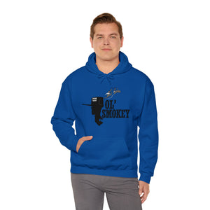 Blue Ol' Smokey Hoodie with a classic fit, featuring a 2-stroke engine graphic and "OL' SMOKEY" text.
