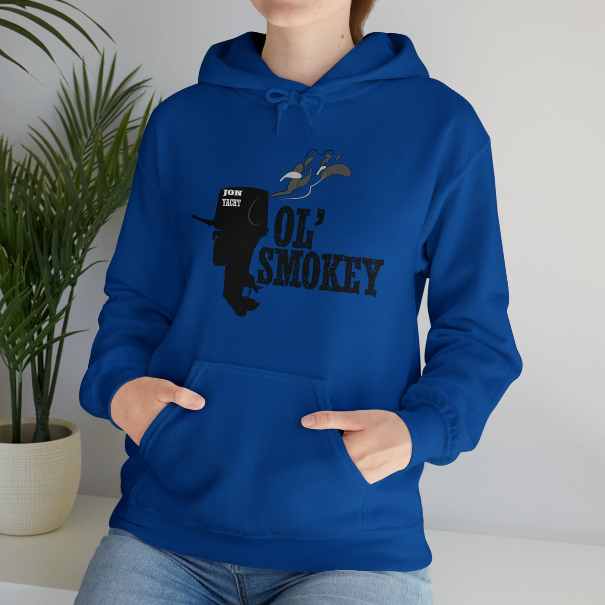 Blue Ol' Smokey Hoodie with a black two-stroke engine graphic and "JON YACHT" text.