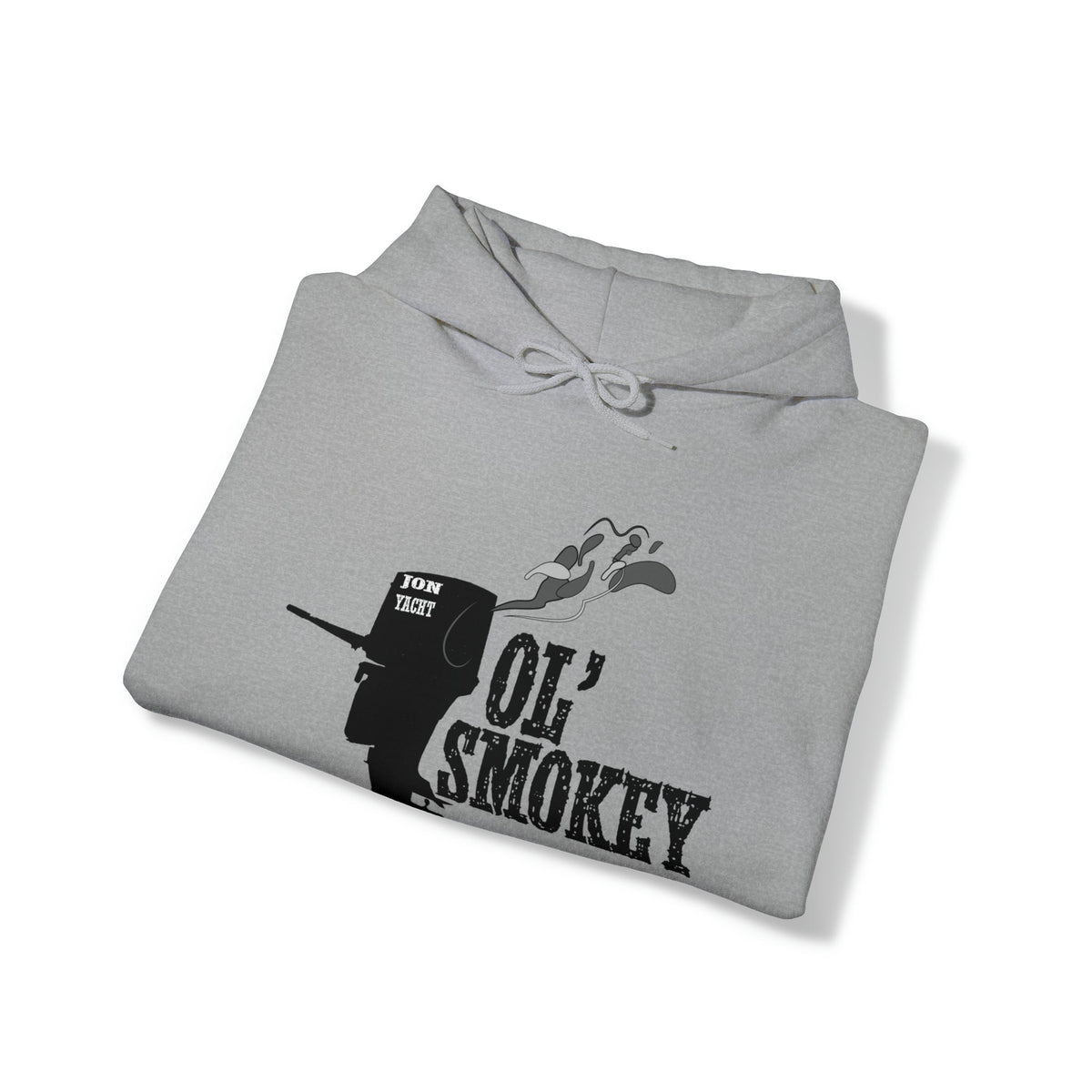 Light grey Ol' Smokey Hoodie with a black graphic of a smoking 2-stroke engine.