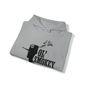 Light grey Ol' Smokey Hoodie with a black graphic of a smoking 2-stroke engine.