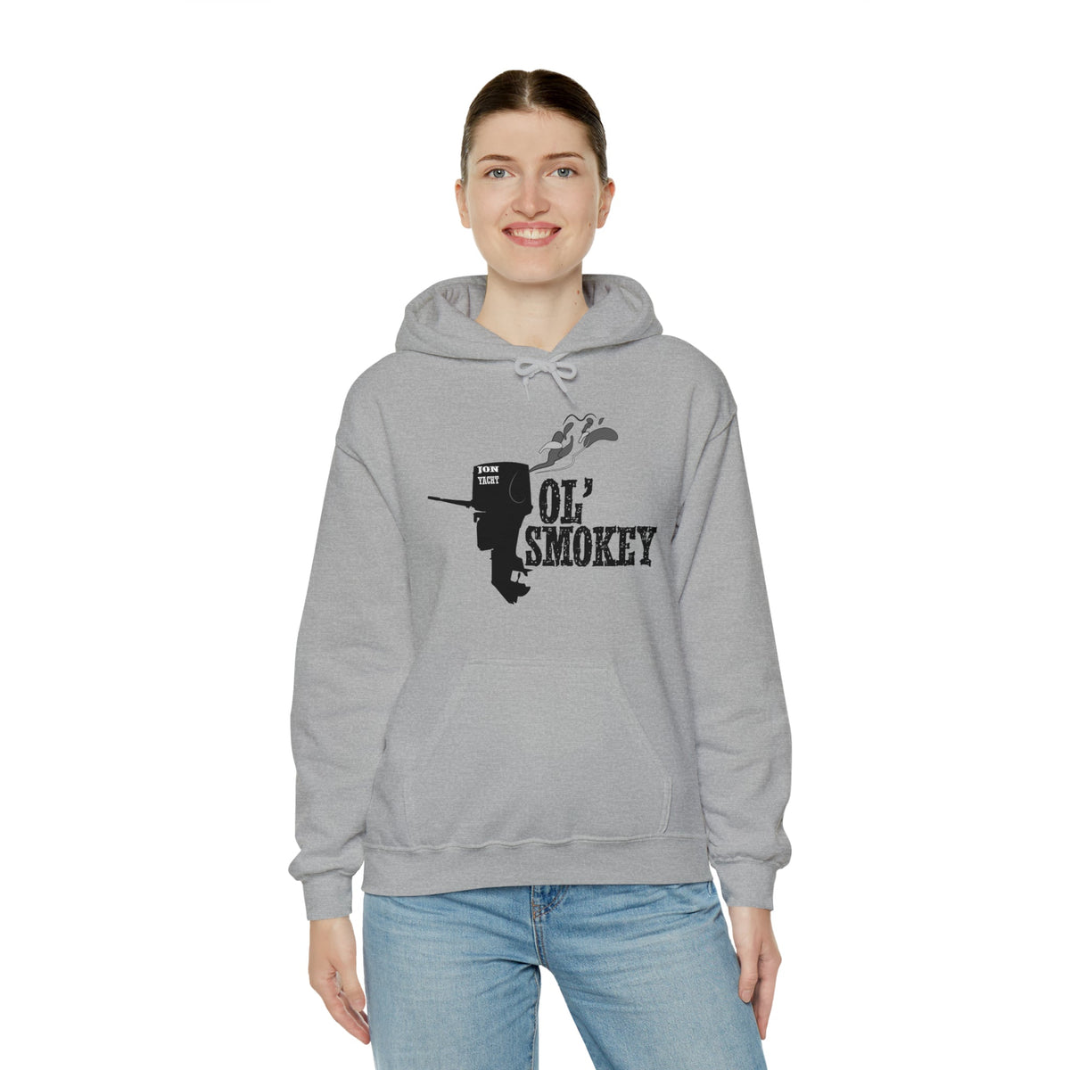 Grey Ol' Smokey Hoodie with "Ya can't deny the smell of a 2 stroke in the morning!" graphic.