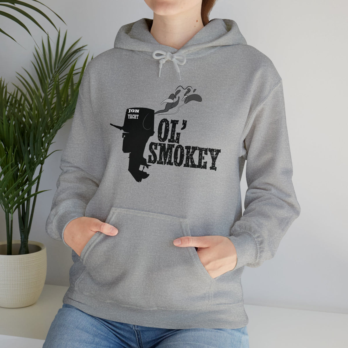 Gray Ol' Smokey Hoodie with black 2-stroke engine graphic and "JON YACHT" text.