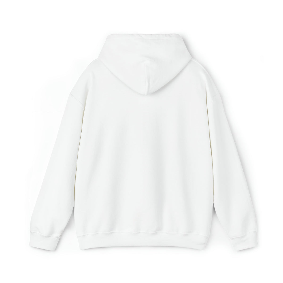 Back view of a plain white Ol' Smokey Hoodie, classic fit, 50% cotton, 50% polyester.
