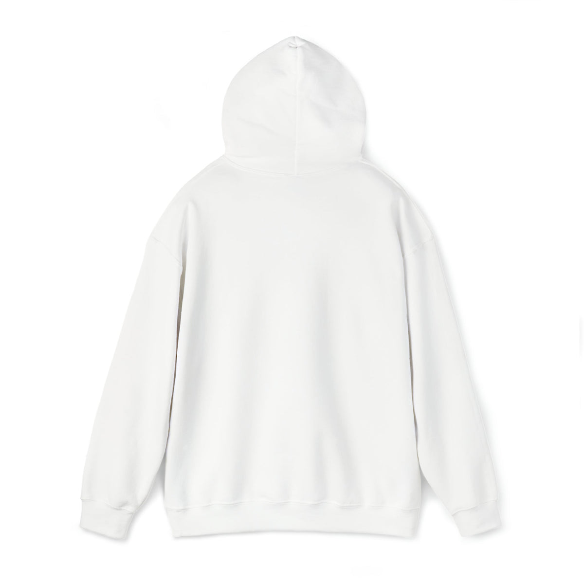 Back view of a plain white Ol' Smokey Hoodie, classic fit, 50% cotton, 50% polyester.