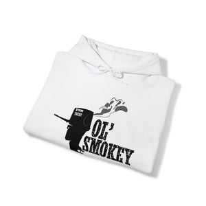 White Ol' Smokey Hoodie with "Jon Yacht" 2-stroke engine graphic and distressed text.