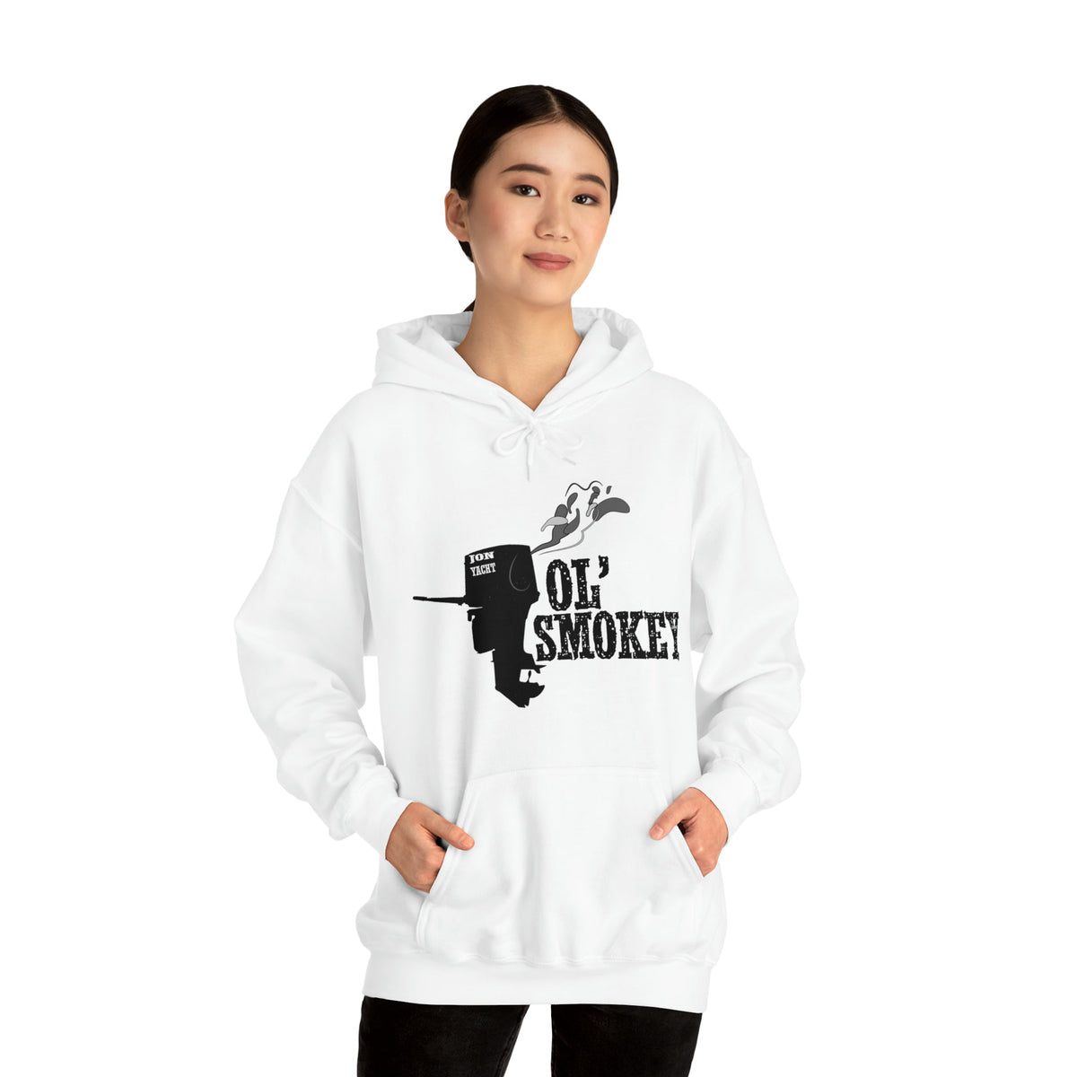 White Ol' Smokey Hoodie with a black two-stroke engine graphic and "Ol' Smokey" text.