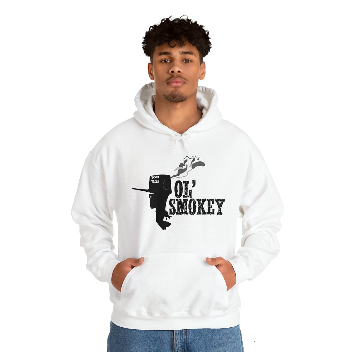 Young man wearing a white Ol' Smokey Hoodie with a black two-stroke engine graphic.