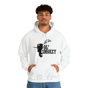 Young man wearing a white Ol' Smokey Hoodie with a black two-stroke engine graphic.