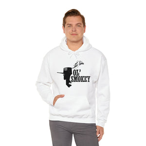 White Ol' Smokey Hoodie with black 2-stroke engine graphic, worn by a man.