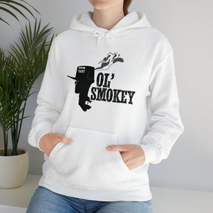 White Ol' Smokey Hoodie with a black two-stroke engine graphic and "OL' SMOKEY" text.