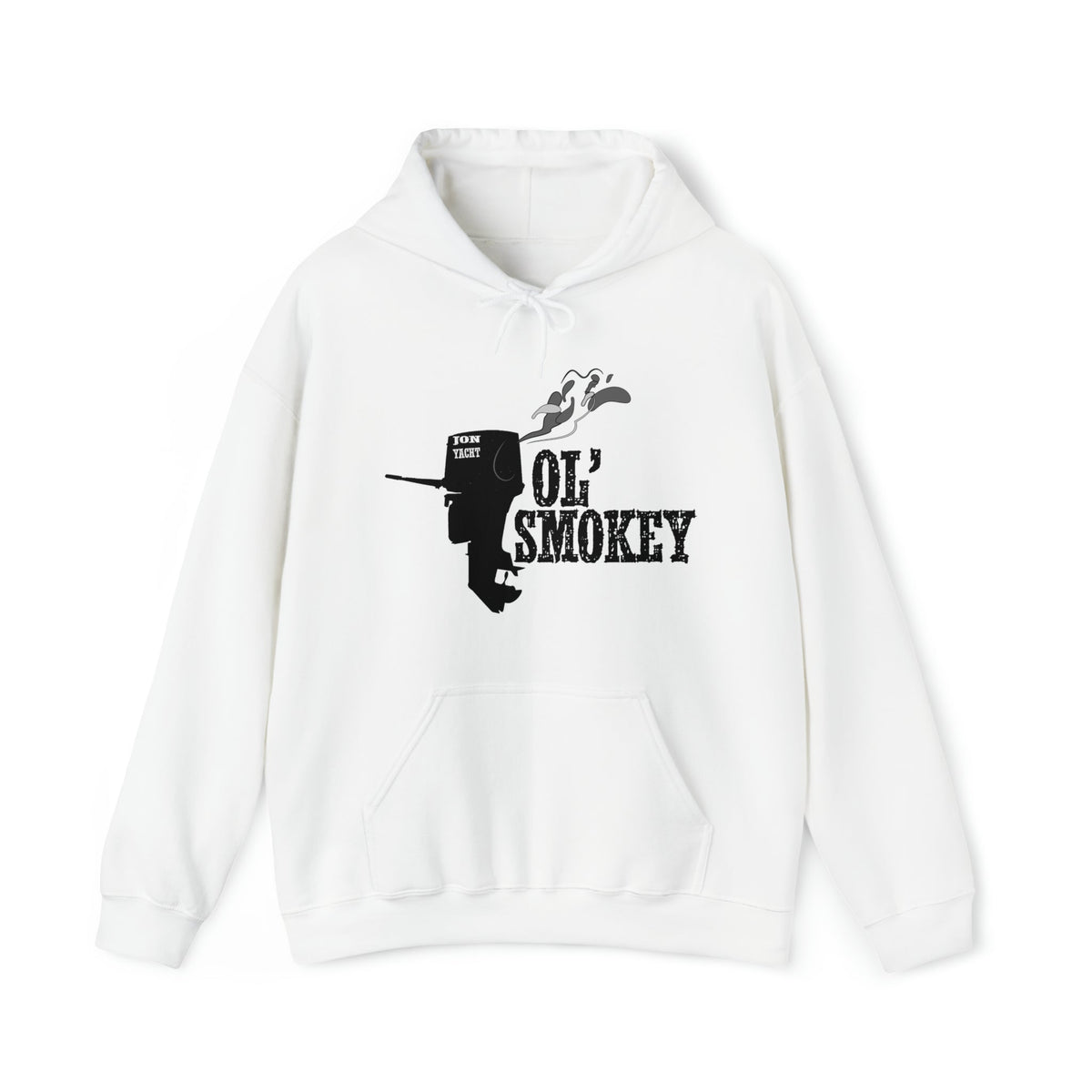 White Ol' Smokey Hoodie with black 2-stroke outboard motor graphic and smoke design.