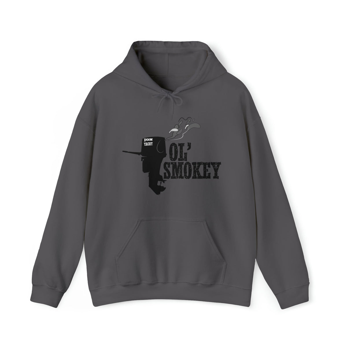 Charcoal grey Ol' Smokey Hoodie with a black two-stroke outboard motor graphic and "OL' SMOKEY" text.