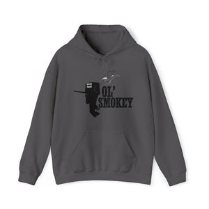 Charcoal grey Ol' Smokey Hoodie with a black two-stroke outboard motor graphic and "OL' SMOKEY" text.