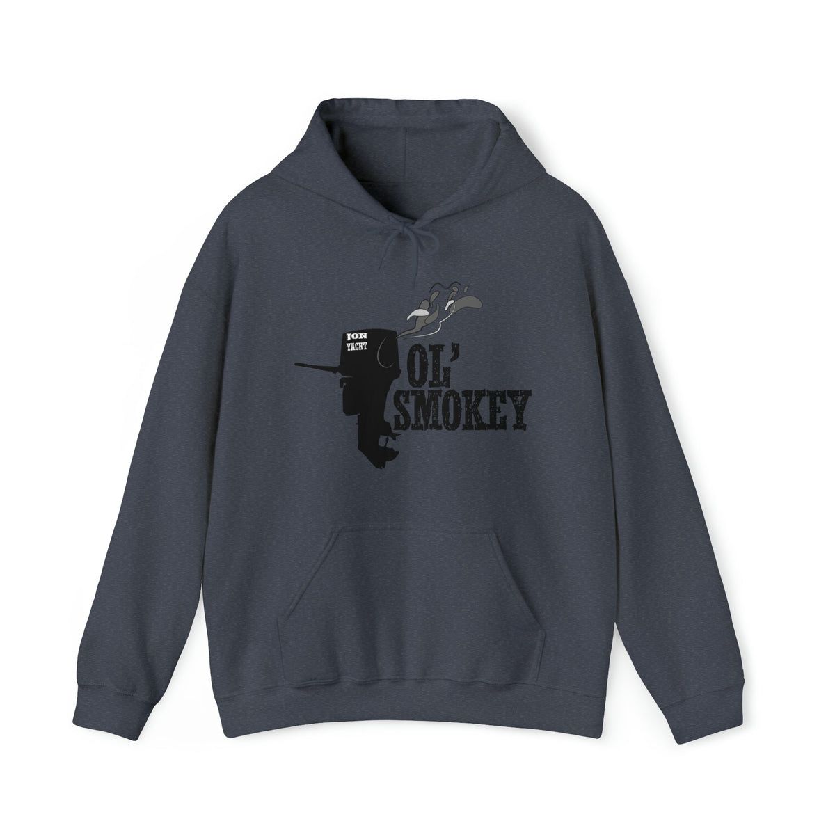 Ol' Smokey Hoodie in navy blue with a black 2-stroke engine and "OL' SMOKEY" graphic.