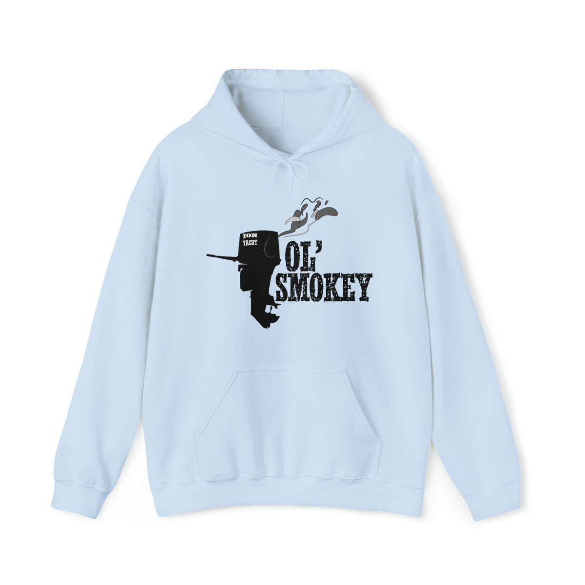 Light blue Ol' Smokey Hoodie with black 2-stroke outboard motor graphic and text.