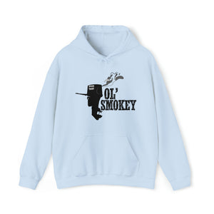Light blue Ol' Smokey Hoodie with black 2-stroke outboard motor graphic and text.